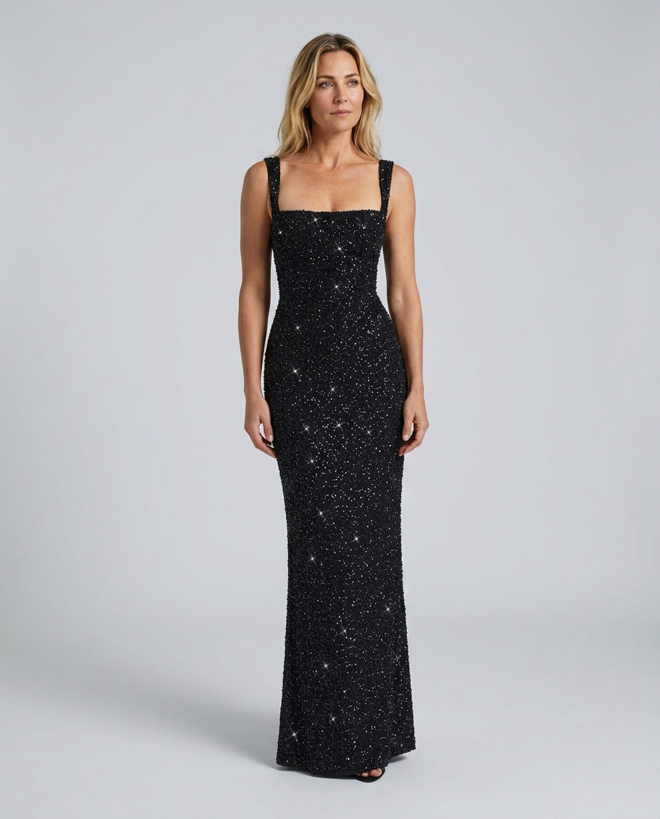 Cleo | Sequin Tie-Up Square Neck Maxi Dress