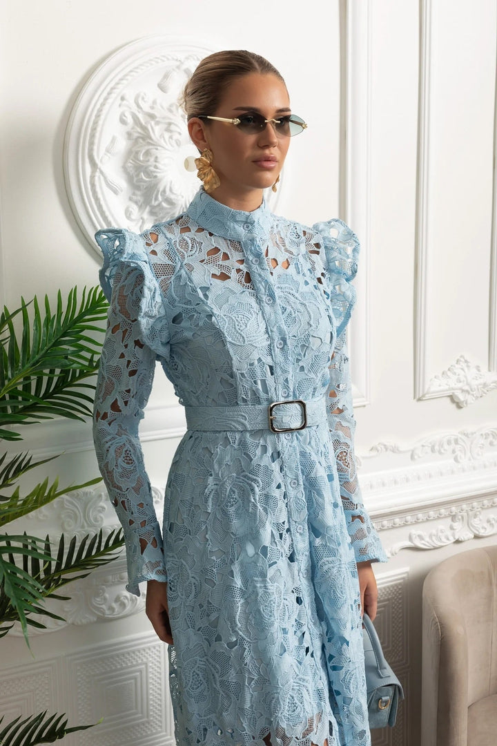 Saskia | Ruffled Shoulder Floral Lace Midi Dress