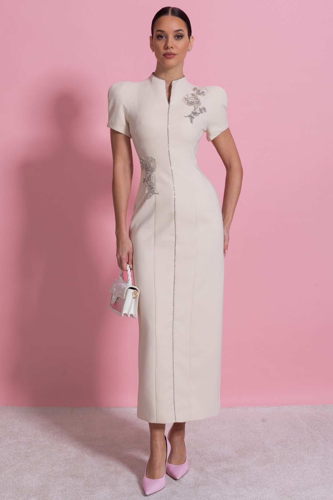 Darya | Short Sleeve Sparkling Embellished Midi Dress