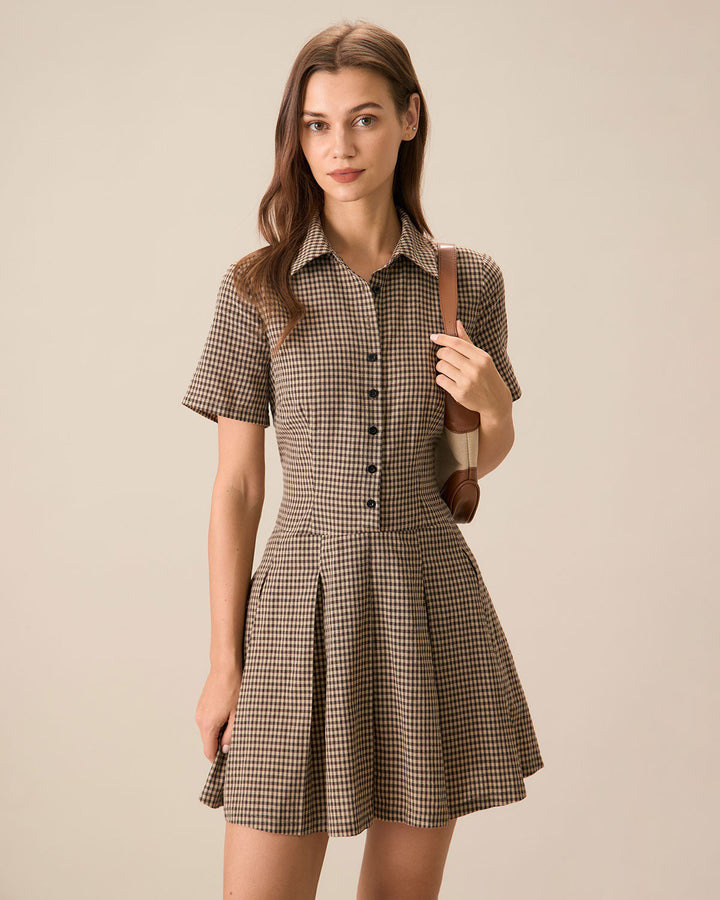 Phoebe | Brown Plaid Lapel Pleated Mini Dress
