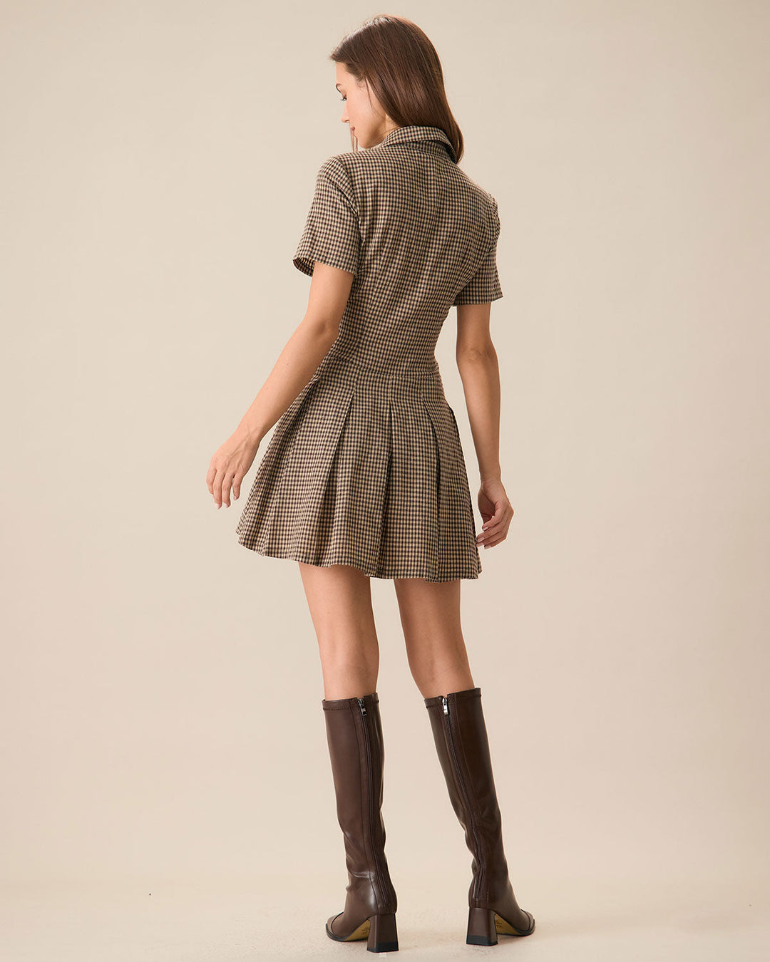 Phoebe | Brown Plaid Lapel Pleated Mini Dress
