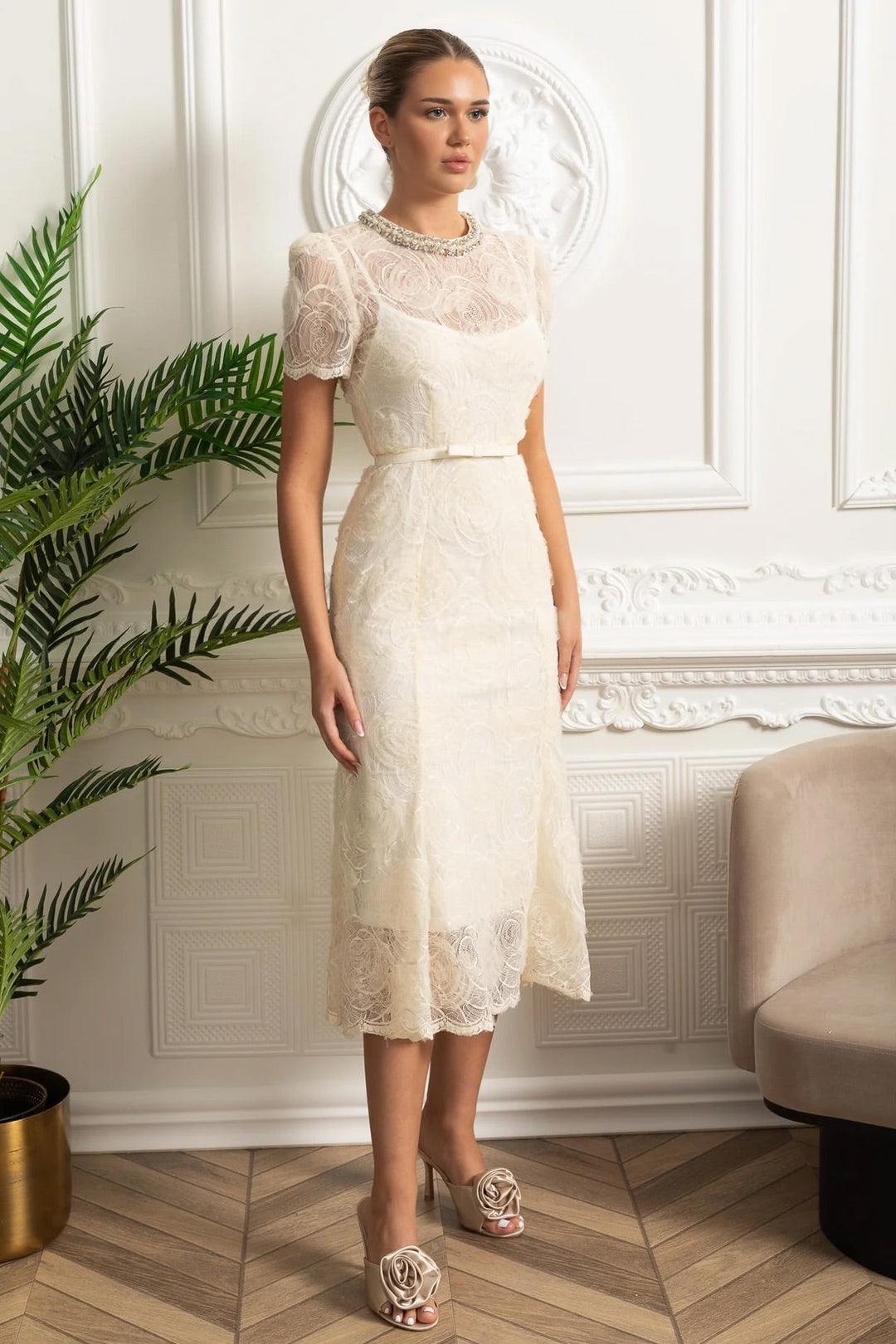 Priya | Short Sleeve Lace Belted Midi Dress
