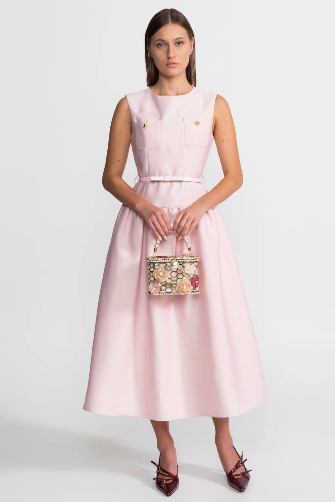 Aria | Belted Sleeveless Midi Dress with Front Pockets