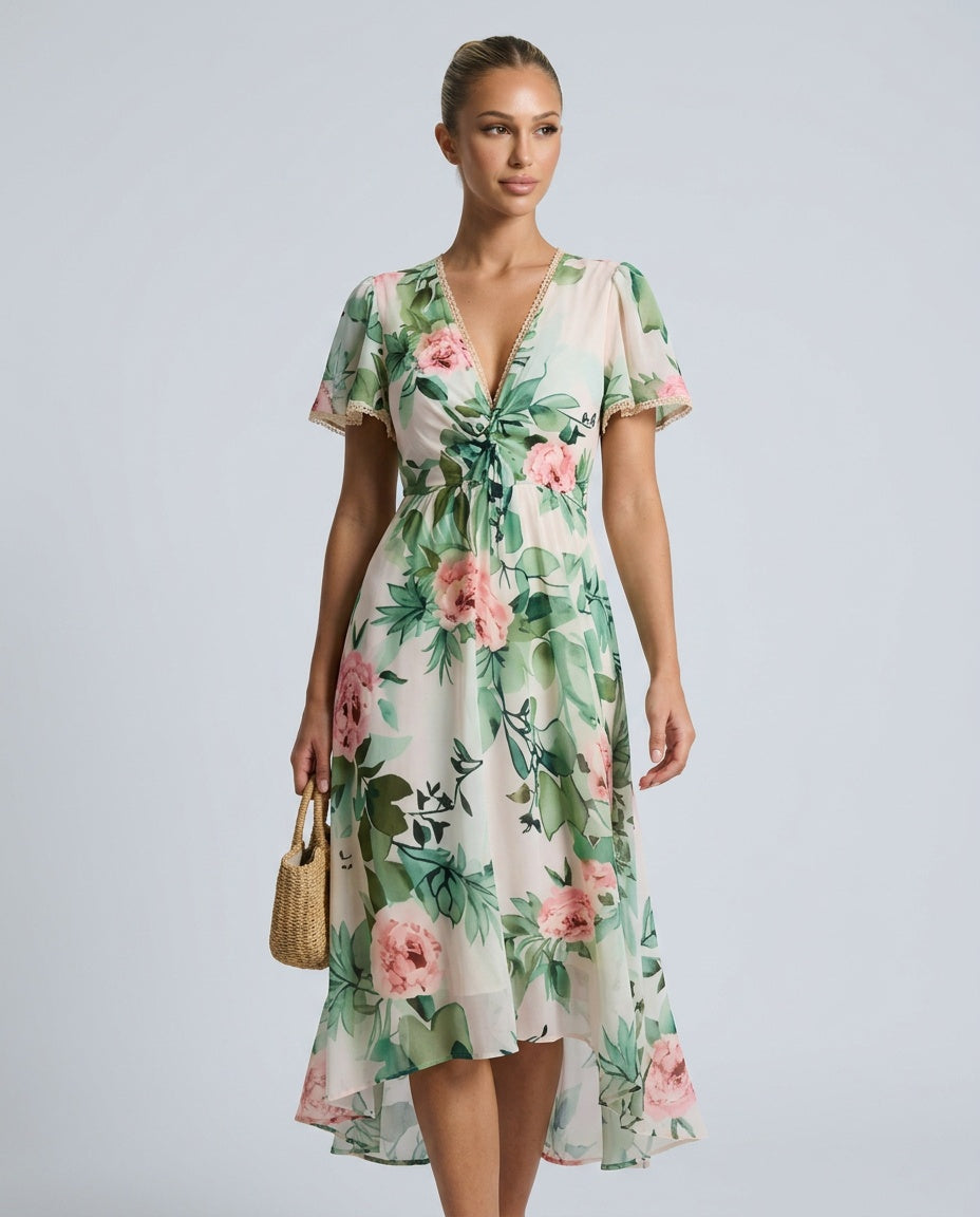 Blossom | Floral Midi with Lace-Up Deep V Neck