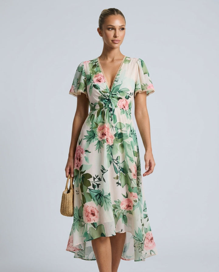 Blossom | Floral Midi with Lace-Up Deep V Neck