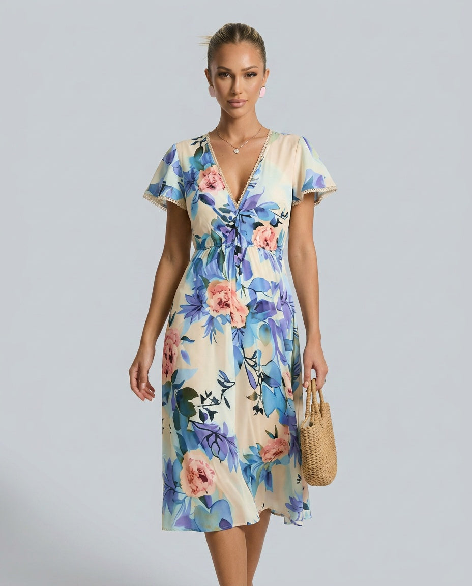 Blossom | Floral Midi with Lace-Up Deep V Neck