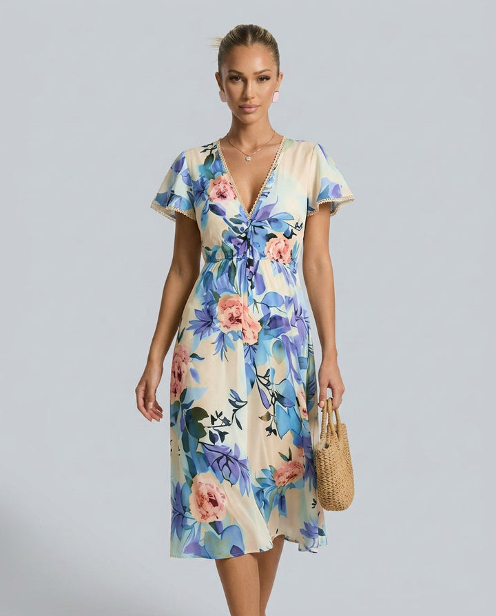 Blossom | Floral Midi with Lace-Up Deep V Neck