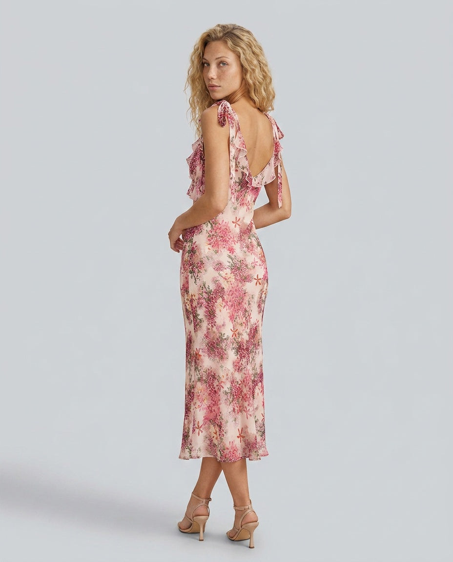 Delphine | Floral Ruffle Tie Strap Midi Dress