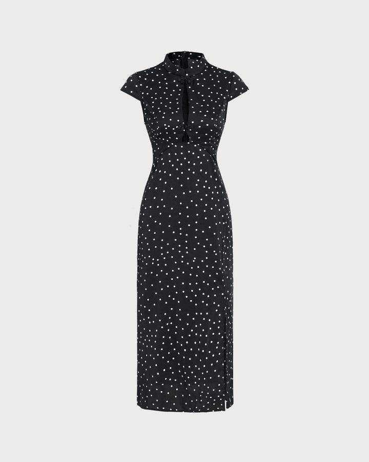 Noor | Mandarin Collar Polka Dot Midi Dress