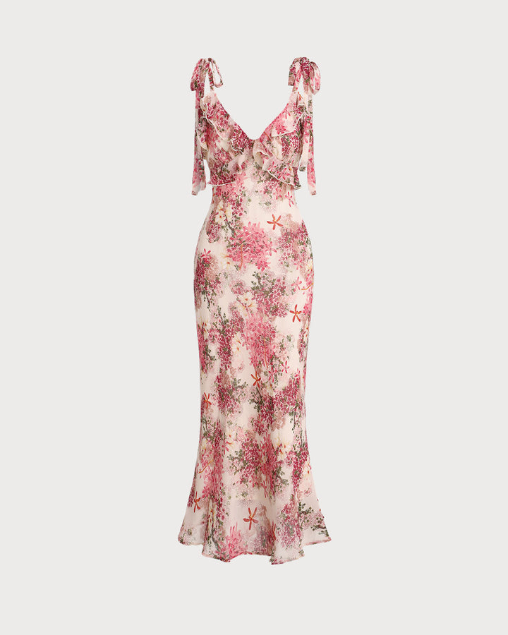 Delphine | Floral Ruffle Tie Strap Midi Dress
