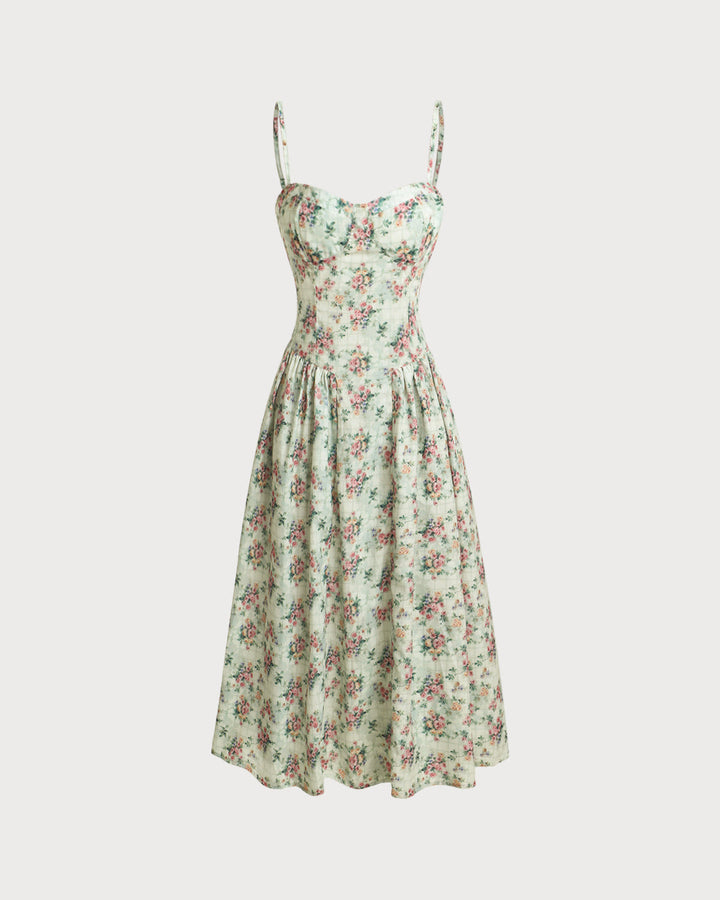 Camille | Floral Sweetheart Pleated Slip Midi Dress