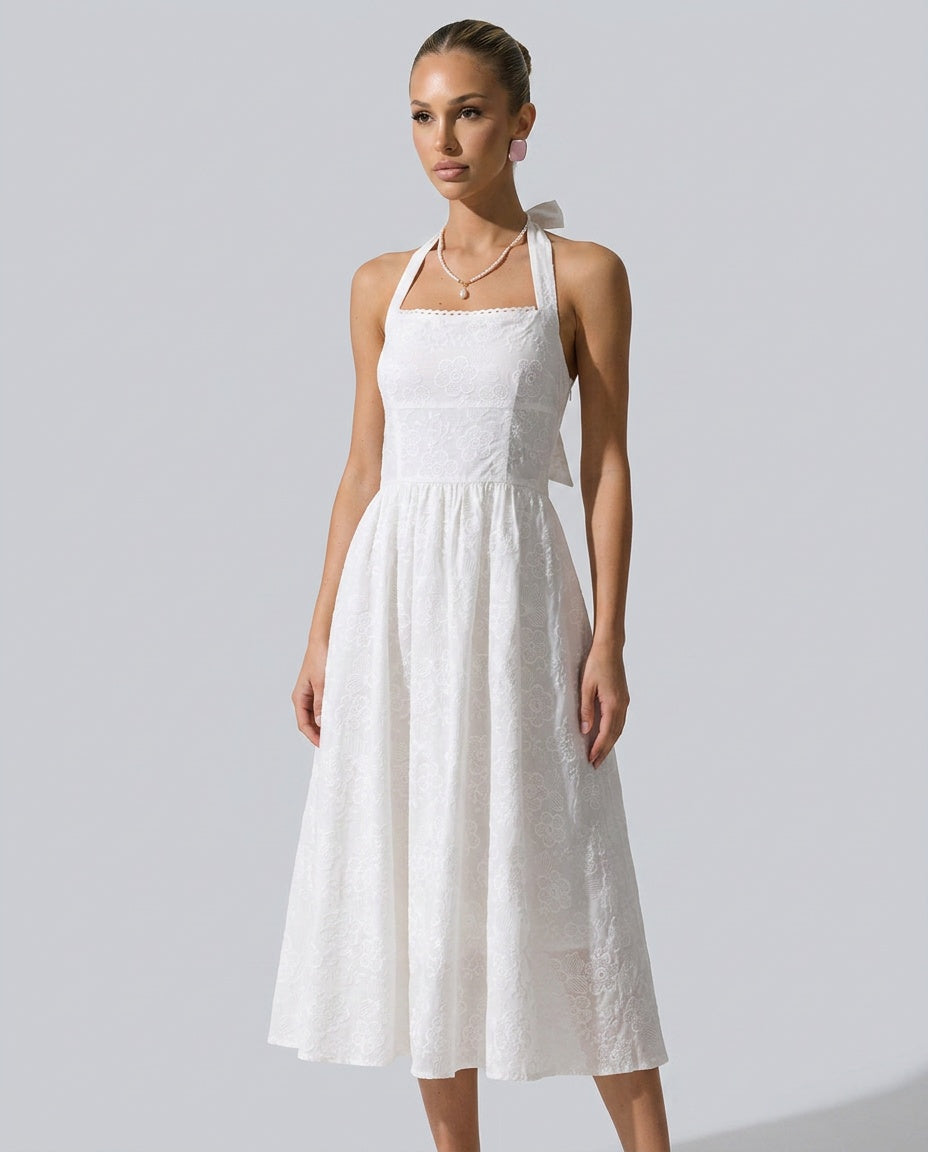 Kira | Embroidered Halter Midi Dress