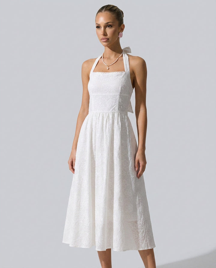 Kira | Embroidered Halter Midi Dress