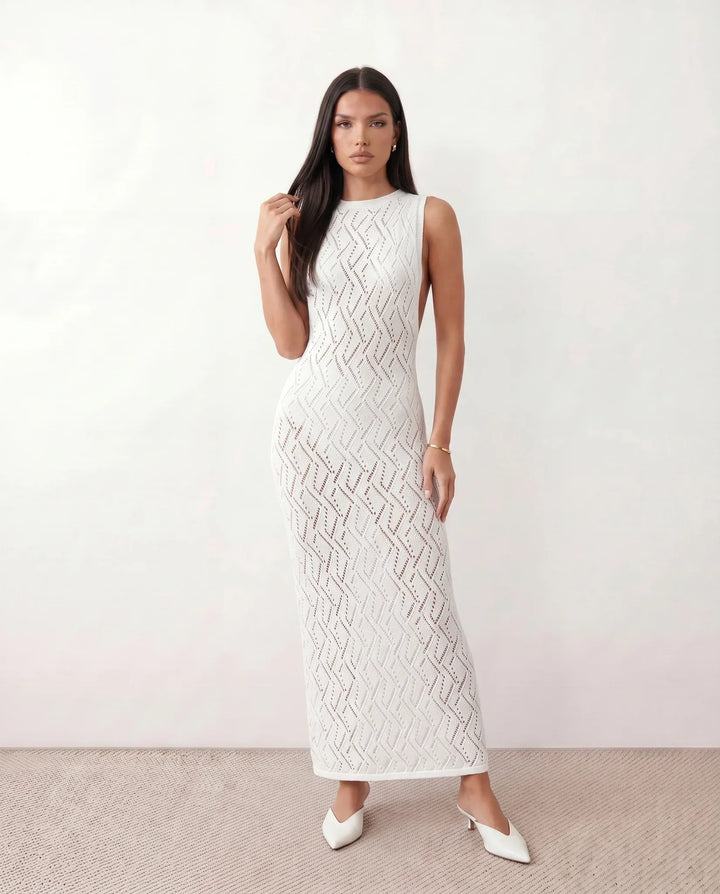 Delilah | Openwork Fitted White Maxi Dress
