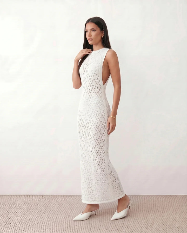 Delilah | Openwork Fitted White Maxi Dress