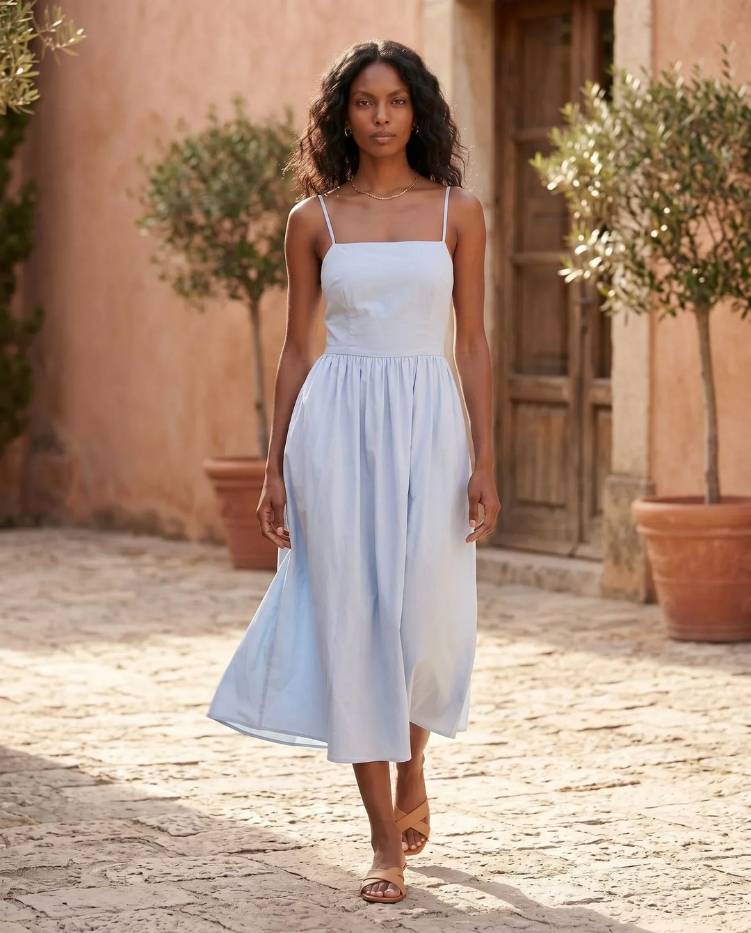 Noor | Spaghetti Strap Lace-Up Midi Dress