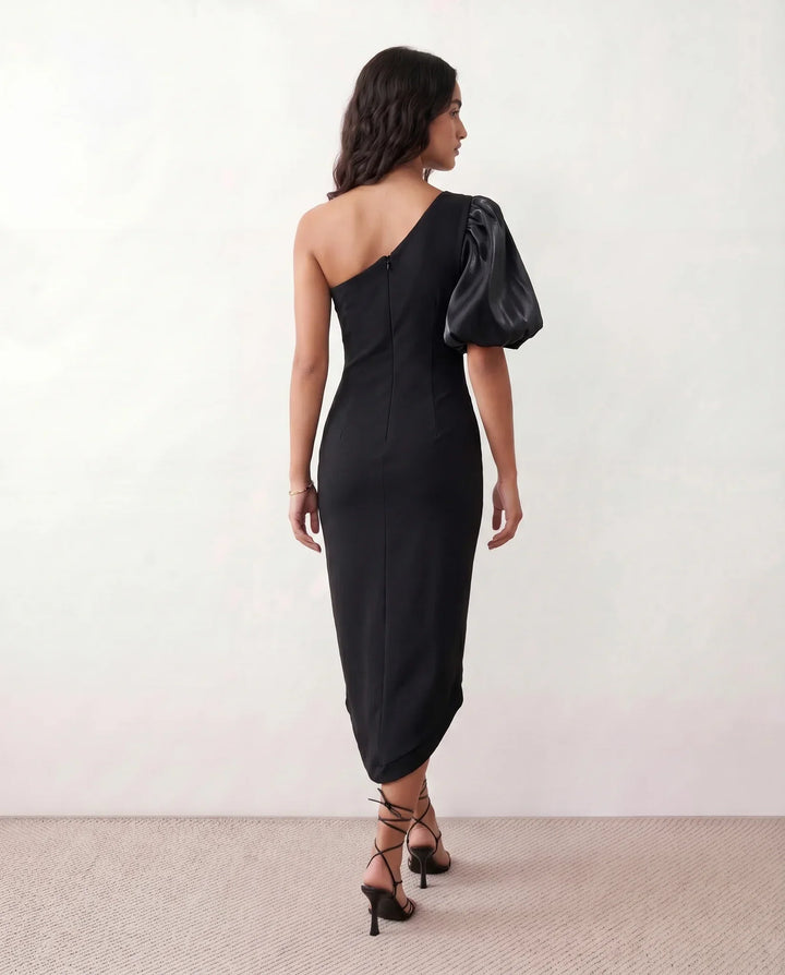 Avery | Asymmetric Plunge Neck Midi Dress