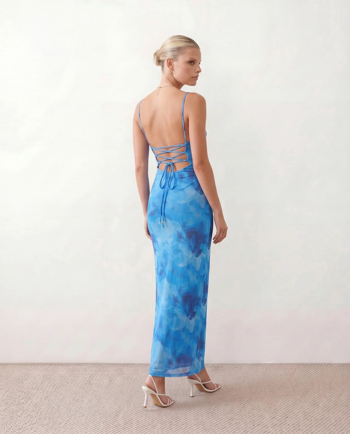 Leona | Spaghetti Strap Lace-Up Abstract Print Maxi Dress