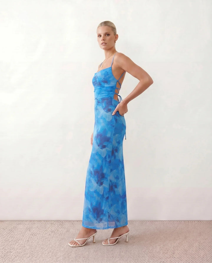 Leona | Spaghetti Strap Lace-Up Abstract Print Maxi Dress
