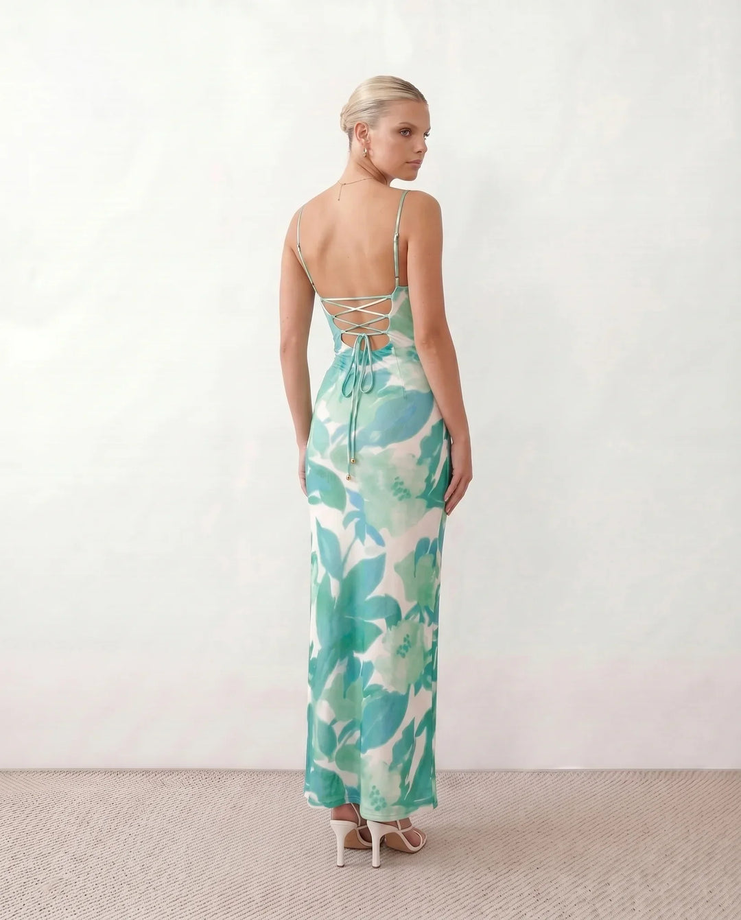 Leona | Spaghetti Strap Lace-Up Abstract Print Maxi Dress