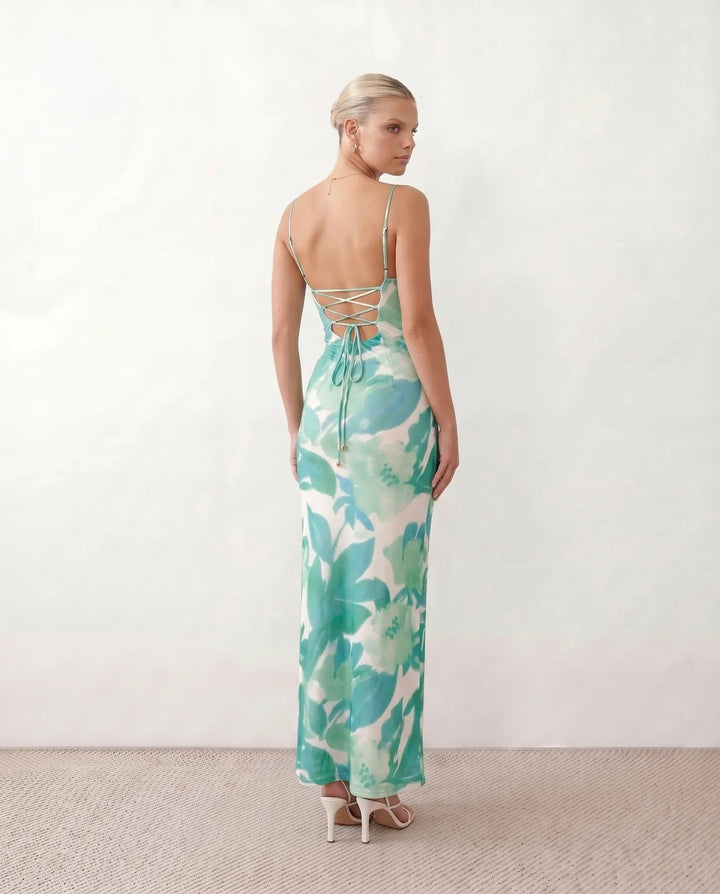 Leona | Spaghetti Strap Lace-Up Abstract Print Maxi Dress