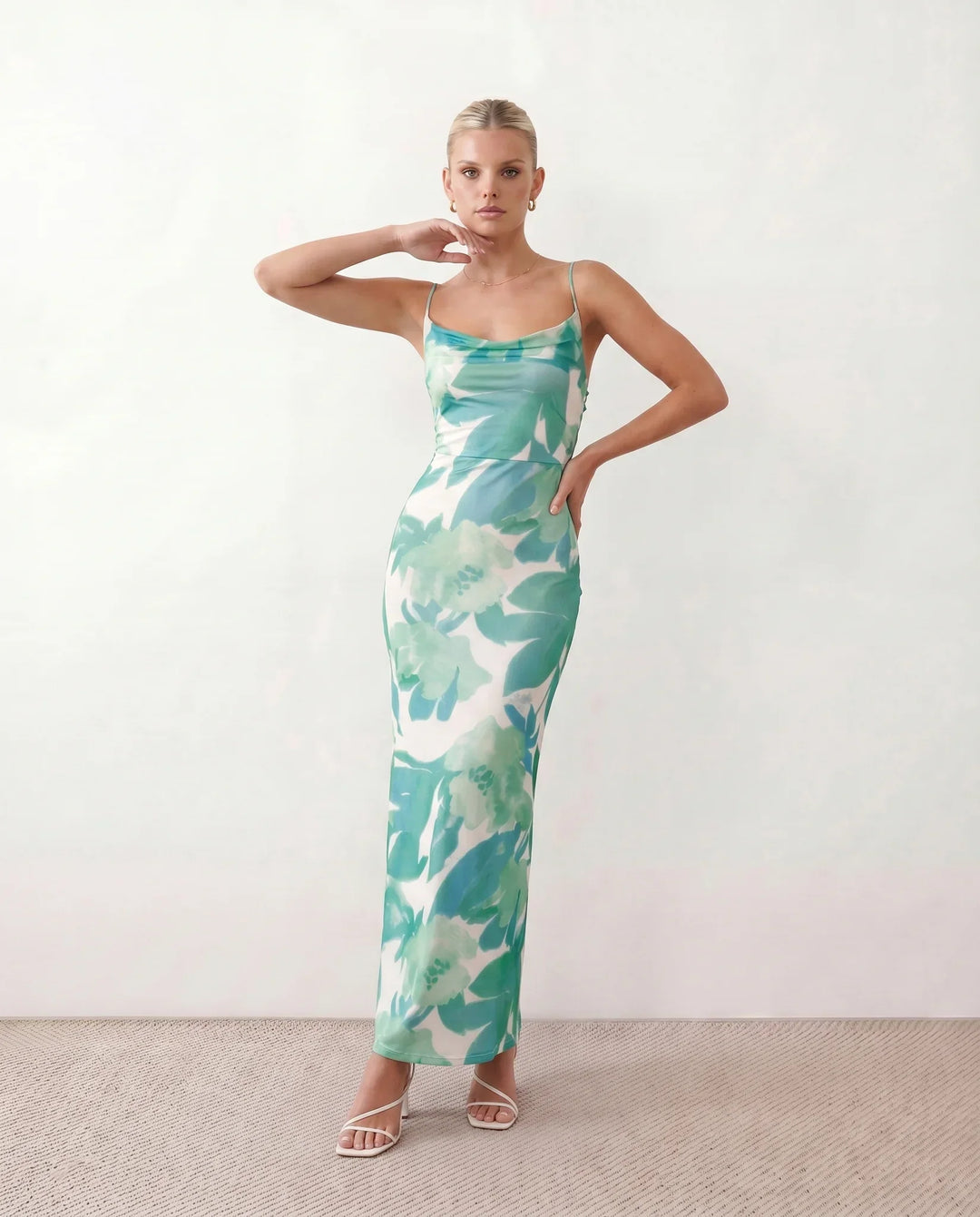 Leona | Spaghetti Strap Lace-Up Abstract Print Maxi Dress