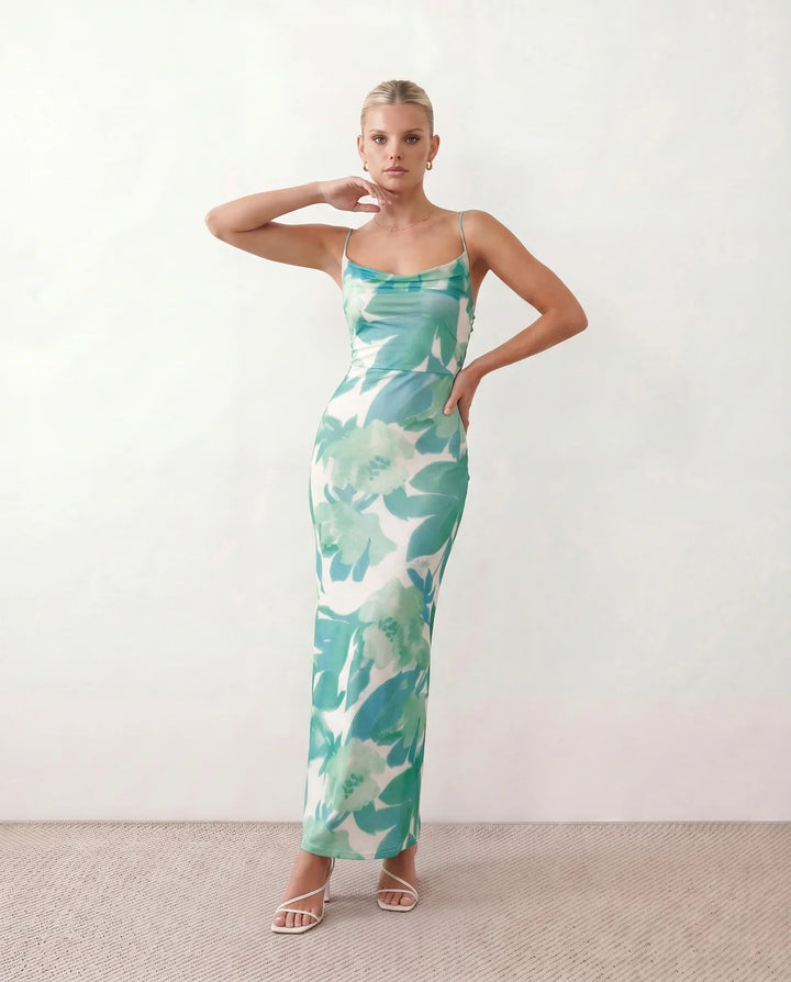 Leona | Spaghetti Strap Lace-Up Abstract Print Maxi Dress