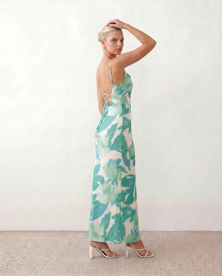 Leona | Spaghetti Strap Lace-Up Abstract Print Maxi Dress