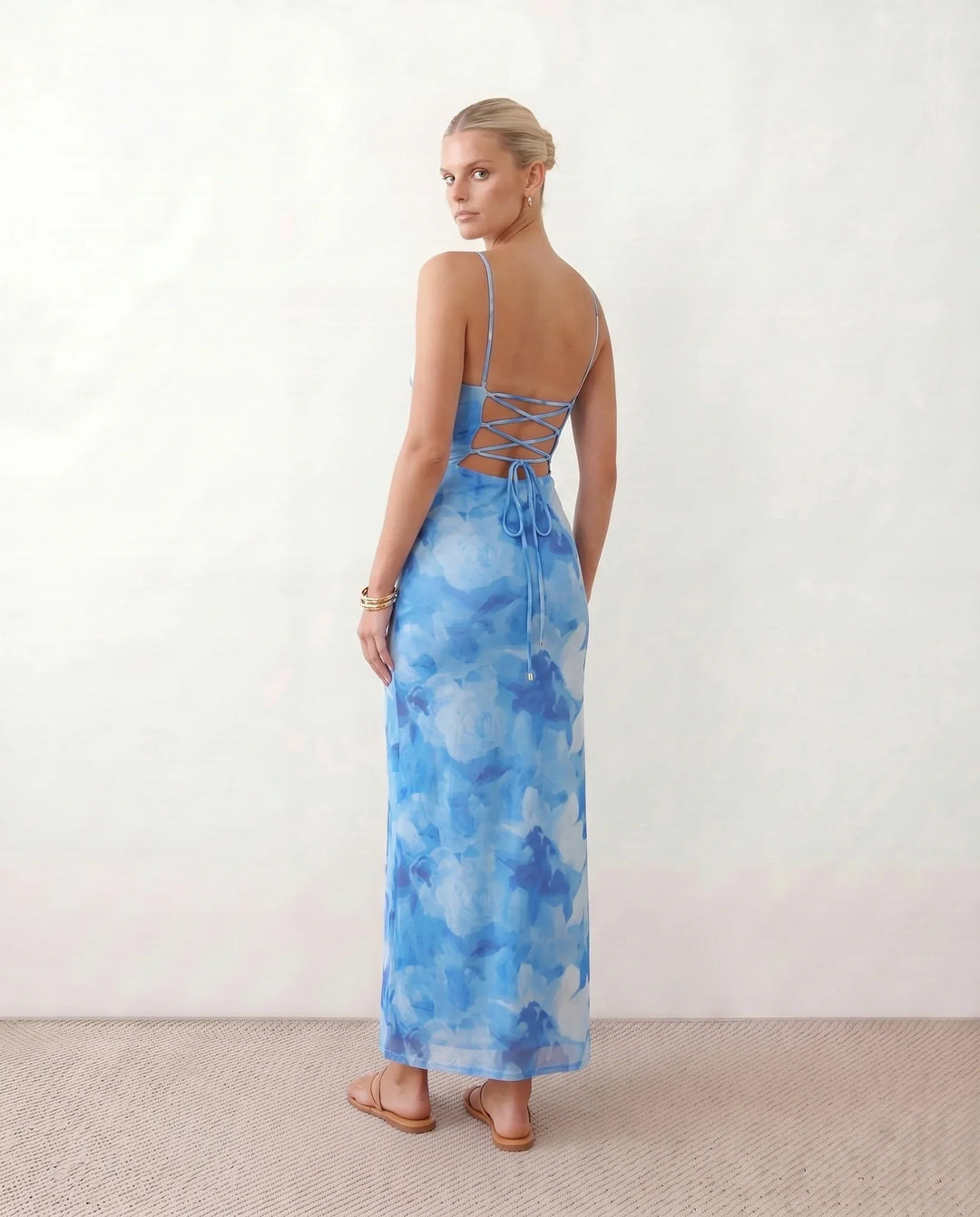 Leona | Spaghetti Strap Lace-Up Abstract Print Maxi Dress