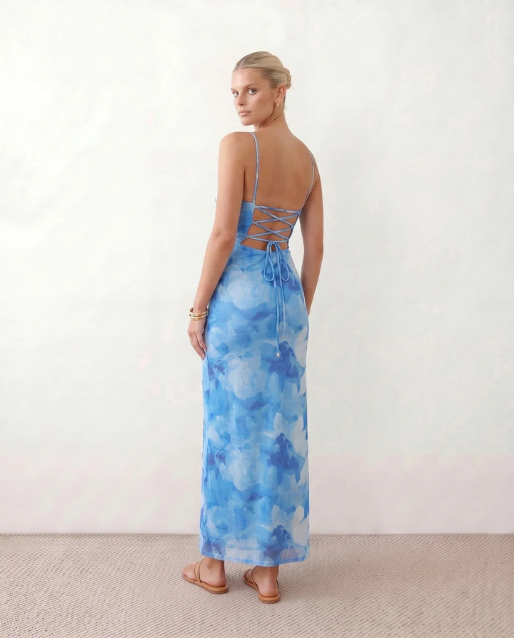 Leona | Spaghetti Strap Lace-Up Abstract Print Maxi Dress