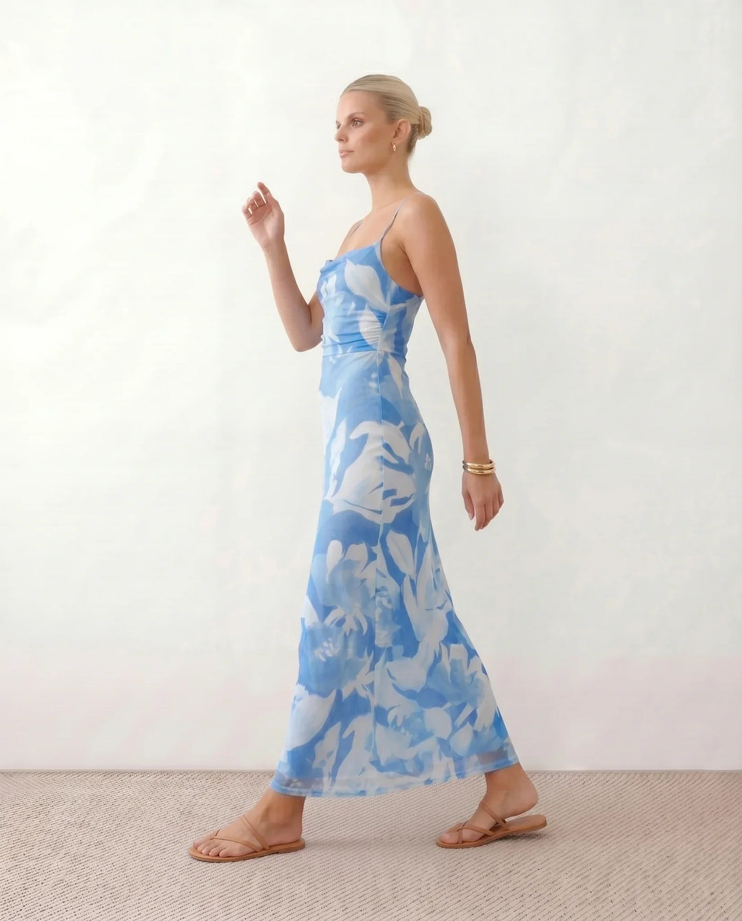 Leona | Spaghetti Strap Lace-Up Abstract Print Maxi Dress