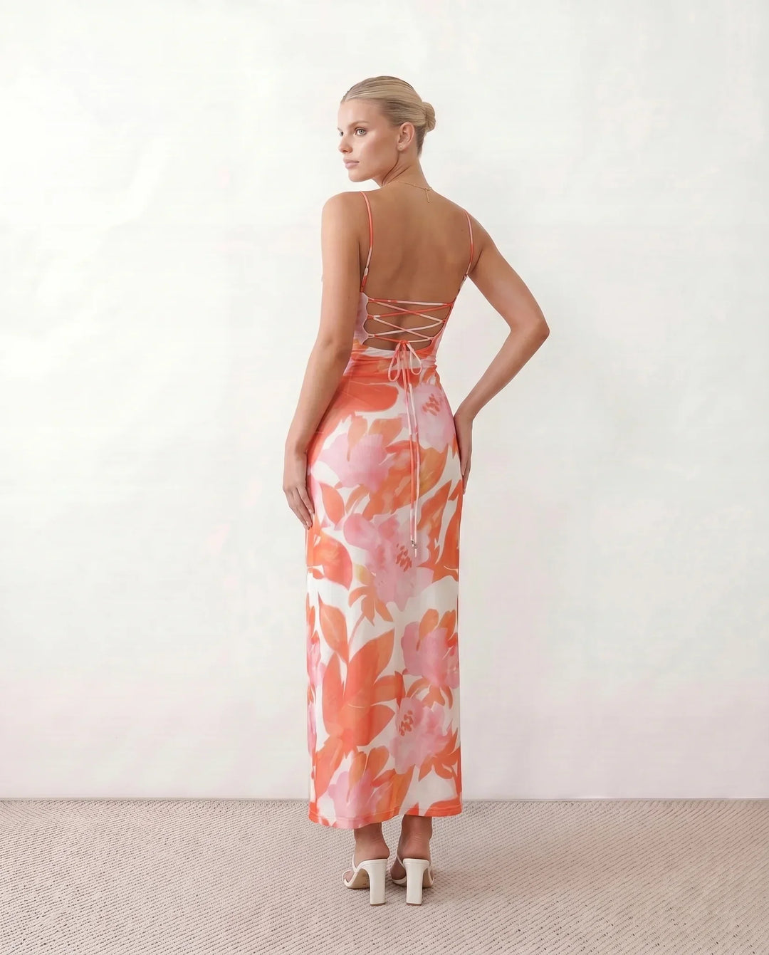Leona | Spaghetti Strap Lace-Up Abstract Print Maxi Dress
