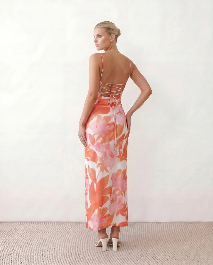 Leona | Spaghetti Strap Lace-Up Abstract Print Maxi Dress