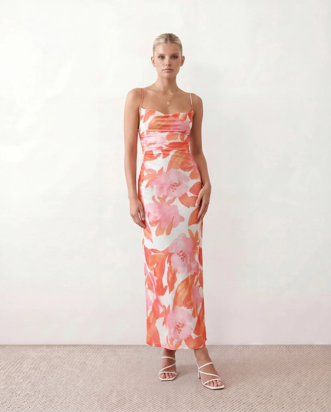 Leona | Spaghetti Strap Lace-Up Abstract Print Maxi Dress