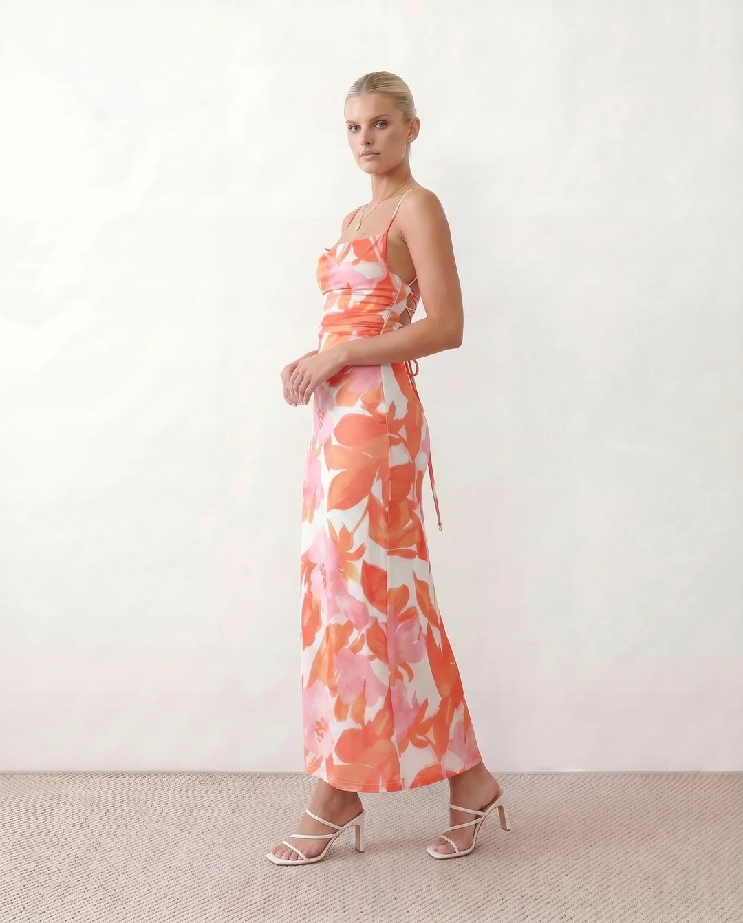 Leona | Spaghetti Strap Lace-Up Abstract Print Maxi Dress