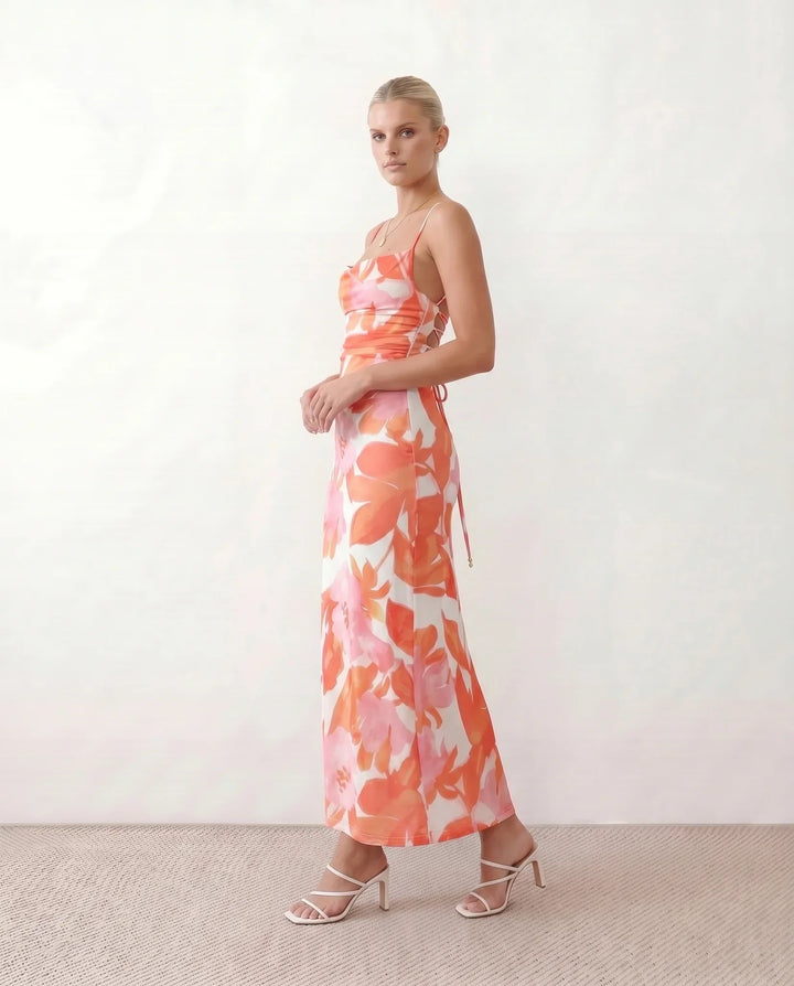 Leona | Spaghetti Strap Lace-Up Abstract Print Maxi Dress