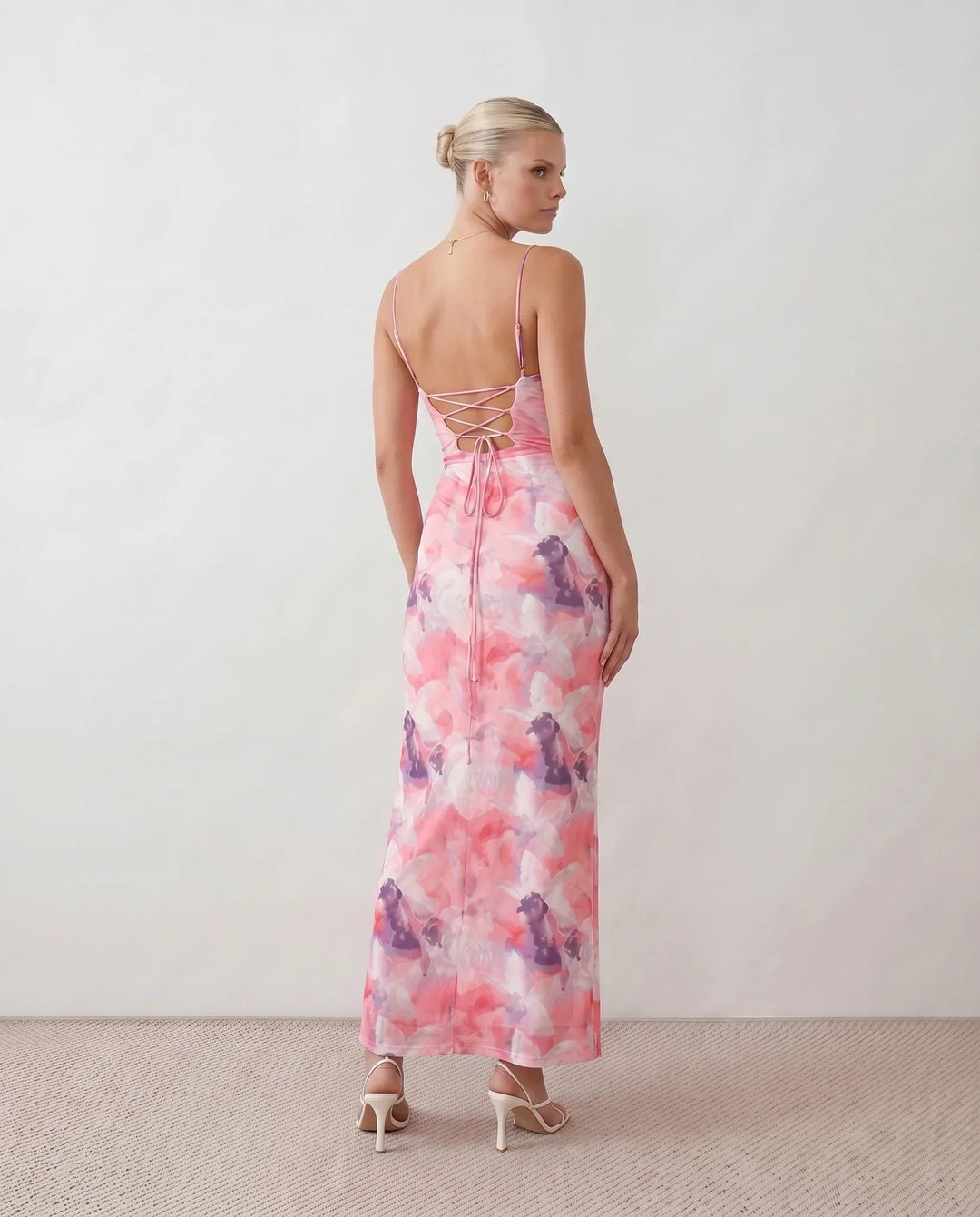 Leona | Spaghetti Strap Lace-Up Abstract Print Maxi Dress
