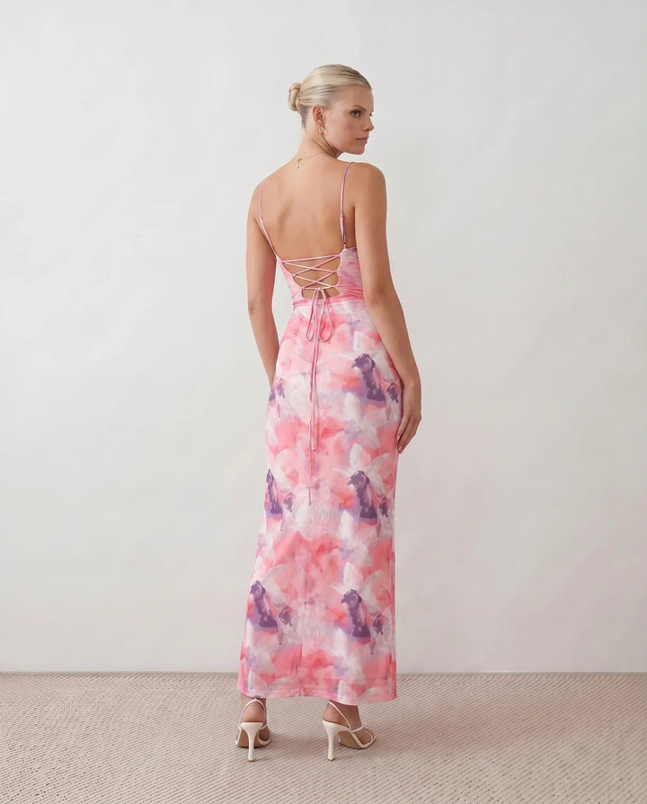 Leona | Spaghetti Strap Lace-Up Abstract Print Maxi Dress