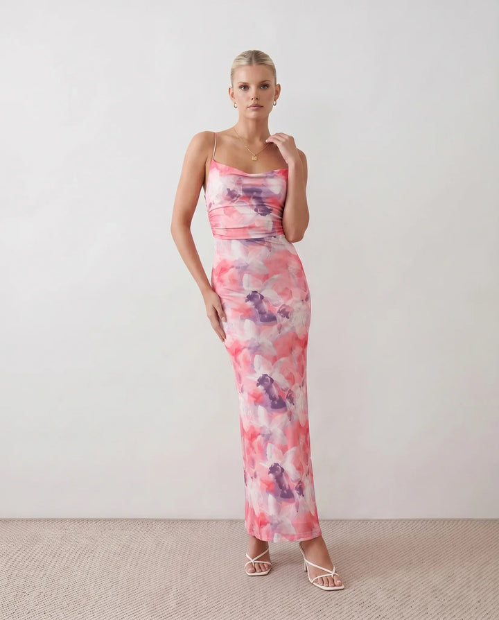Leona | Spaghetti Strap Lace-Up Abstract Print Maxi Dress