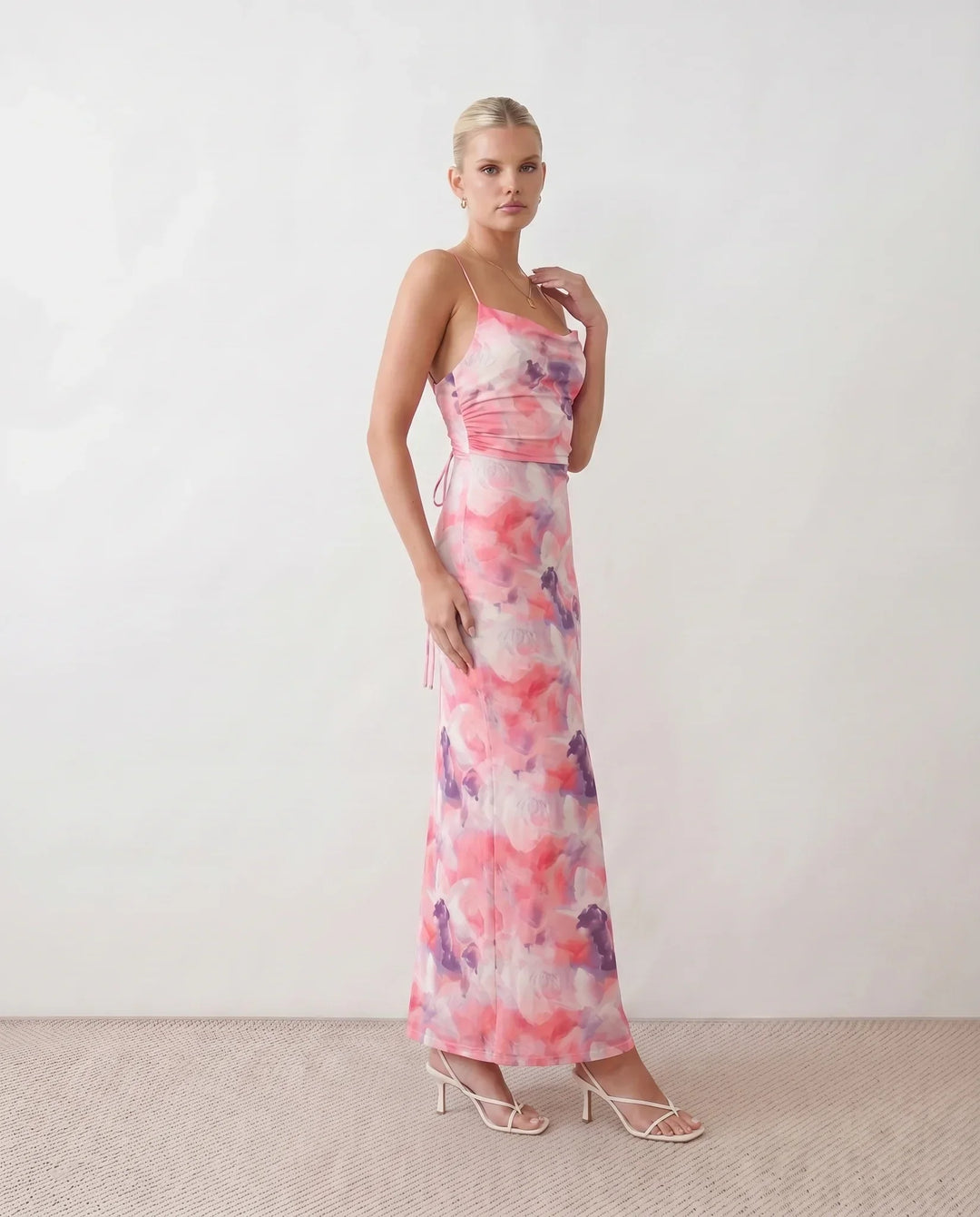 Leona | Spaghetti Strap Lace-Up Abstract Print Maxi Dress