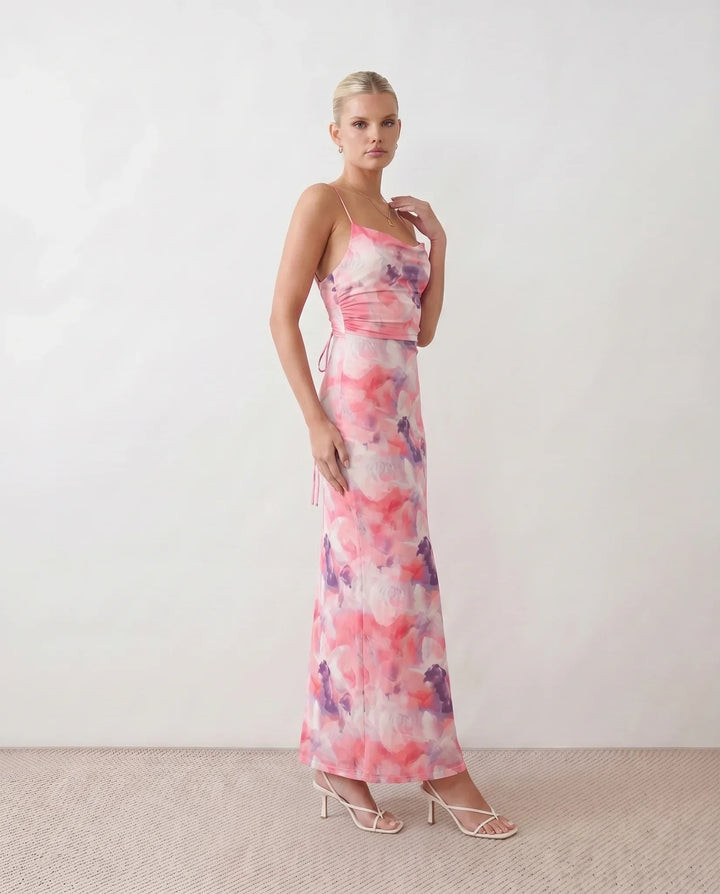 Leona | Spaghetti Strap Lace-Up Abstract Print Maxi Dress