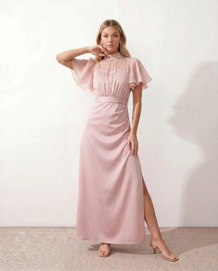 Ines | Open Back Glossy Satin-Look Maxi Dress