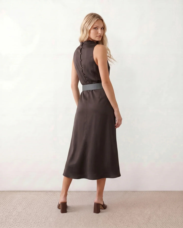Elara | Glossy Cowl Neck Satin-Look Midi Dress