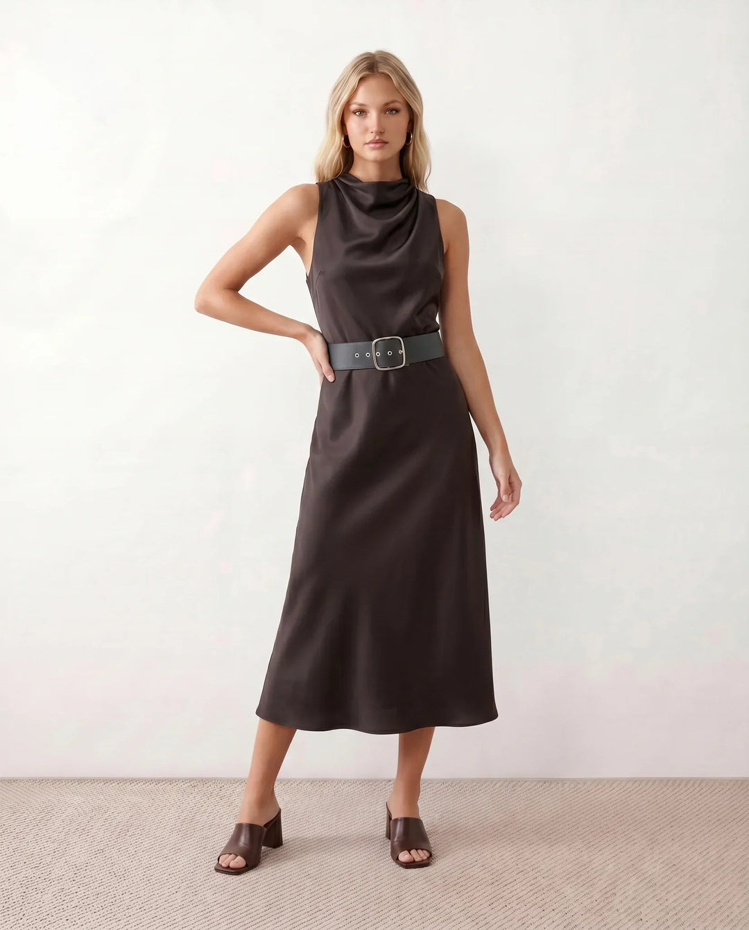 Elara | Glossy Cowl Neck Satin-Look Midi Dress