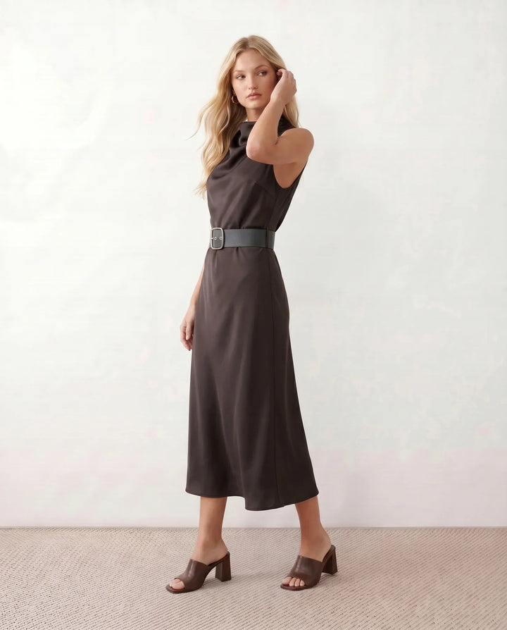 Elara | Glossy Cowl Neck Satin-Look Midi Dress