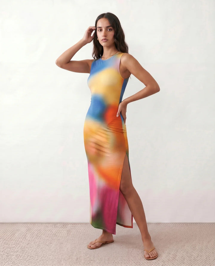 Calise | Abstract Print Side Slit Maxi Dress