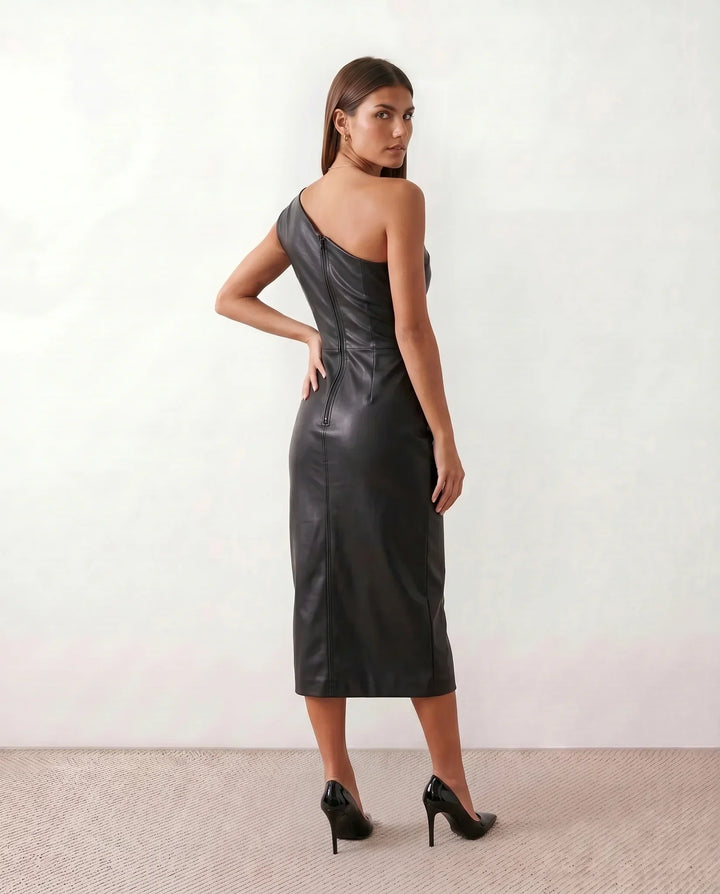 Imogen | Glossy Faux Leather Black Midi Dress