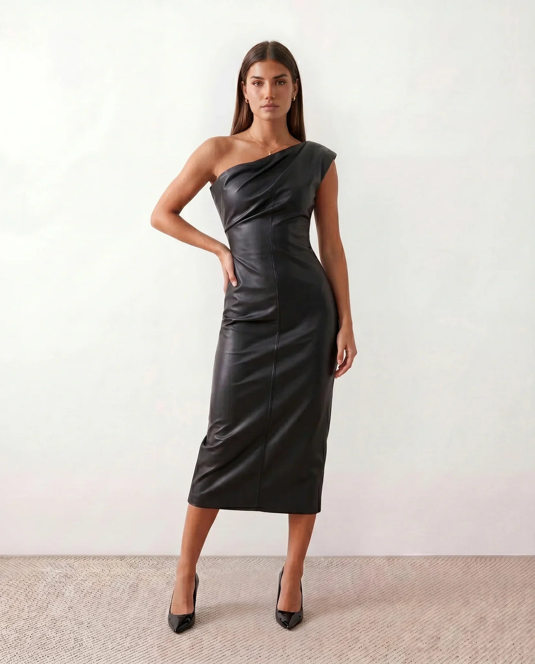 Imogen | Glossy Faux Leather Black Midi Dress