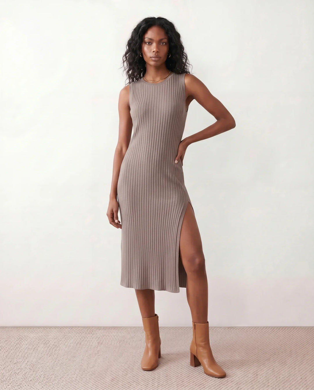 Raina | Ribbed Fitted Knit Midi Dress