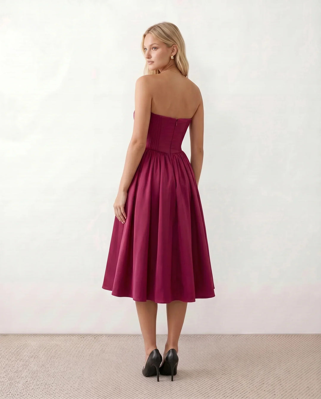 Viveca | Basque Waist Strapless Midi Dress